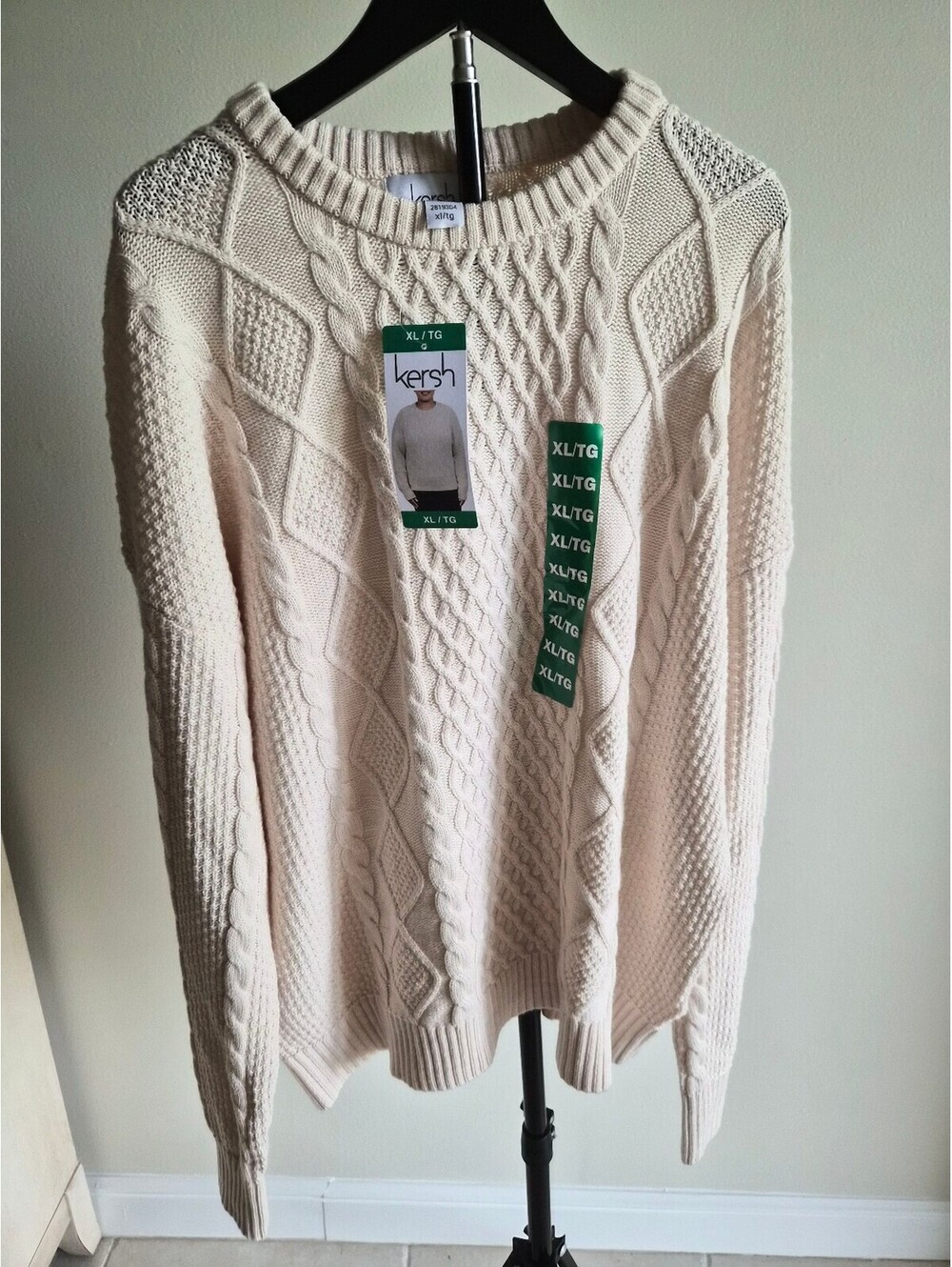 Kersh XL Wool Rich Blend Cream Cable Knit Sweater 0058